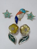Assorted 925 floral inlay earrings and 14K bird pin