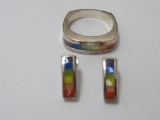 Rainbow color inlay ring and earrings,