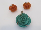 Barse 925 floral pendant and rose carved stone earrings