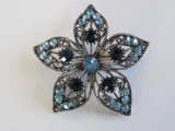 Blue rhinestone flower shape pin, 2 1/4