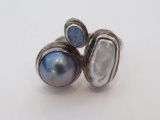 Modernistic ring, attributed to pearls and opal, size 11, 925