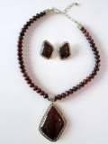 Designer beaded stone necklace and 925 pendant with earrings