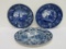 Three Staffordshire blue transferware plates and platter, street scenes