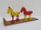 Two red and yellow plastic horse ramp walkers with original ramp, B & S Co