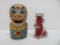 Tin metal Chein clown bank and glass dog candy container