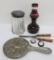 Vanity lot with hand mirror, ladies watches, ruby lamp, covered jar, and curling iron