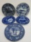 Five blue and white transfer plates, shipping and Pilgrim motif