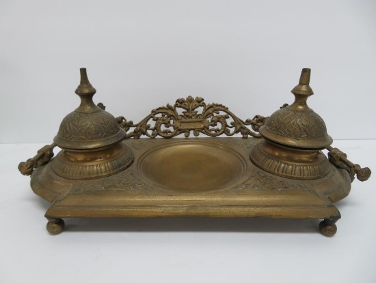 Ornate double metal inkwell with pen tip tray