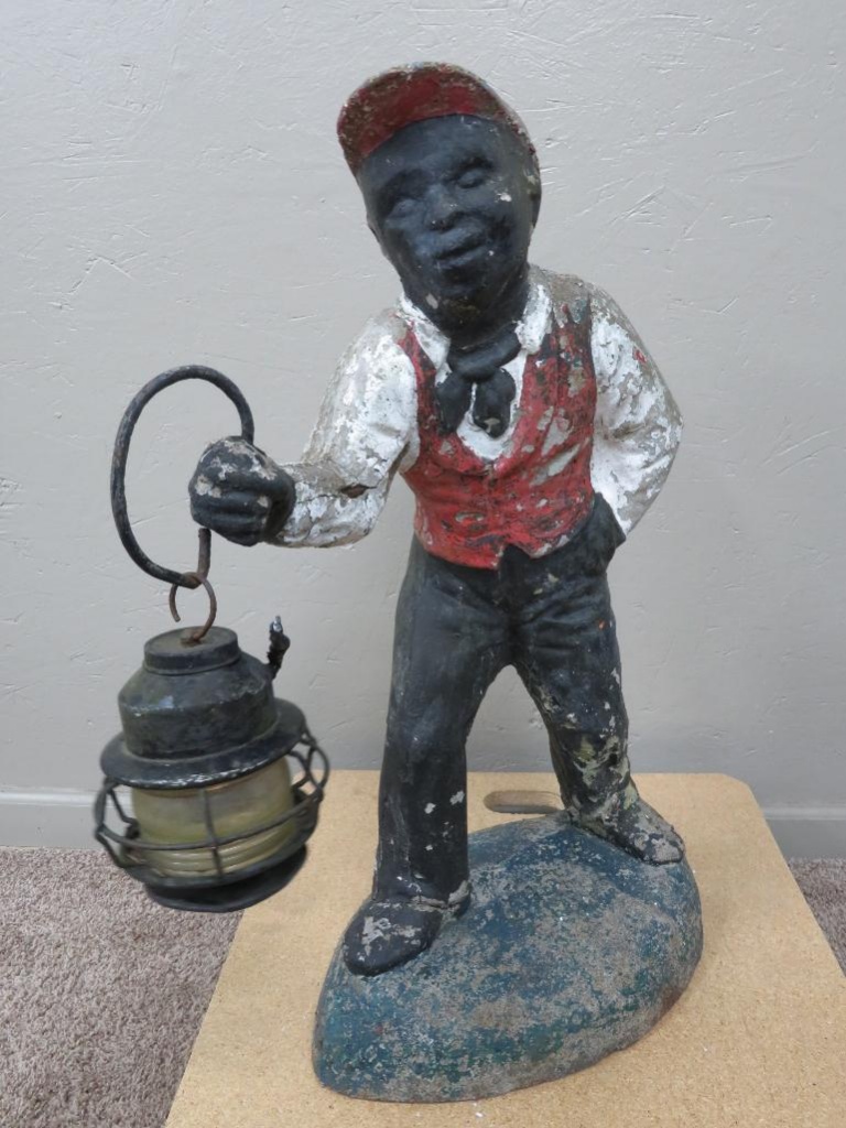 Vintage Black Americana Lawn Jockey with lantern, 27" tall, cracks