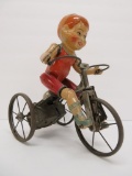 Hard to find Marx Wonder Cyclist, tin wind up boy on tricycle with spoke wheels, c 1920, 1st version