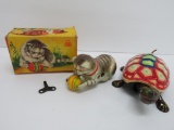 US Zone Germany rolling tin cat and ball toy and wind up turtle