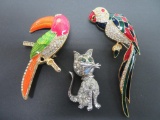 Three animal pins, birds and cat - jewelry