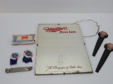 Beer lot with Miller Mirror, Pabst letter openers and pins, Miller Survival Kit