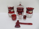 Seven ruby flash glass pieces, souvenir and patterned