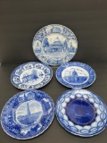 Five blue and white transfer plates, English, Historic