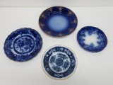 Fourcobalt flow blue and transferware plates, floral and design