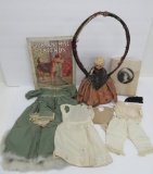 Doll door stop, antique doll clothes and childrens book