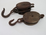 Two wood pulleys, single and double