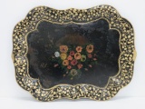 Large metal tray, painted floral and vine