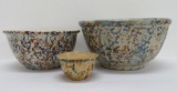 Three spongeware bowls, all have some damage