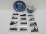 B & O Railroad China Centennial Pattern blue and white cup and saucer and photos