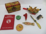 Original Duncan Yo Yo, wood chicken toy, metal circus cages, whistles and craft book