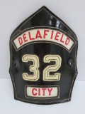 Leather Fire Department helmet front, Delafield City, c 1950/60's, 6