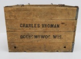 Charles Vroman wood folding crate, Oconomowoc Farmer