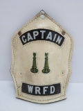 1940's era leather Fire Department helmet front piece by Cairyns, Captain, WRFD