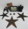 Patriotic lot with cast iron eagles, star candle holders and framed patriotic post card