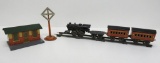 American Flyer building and train cars, cast iron engine