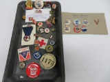 War pins, political and Red Cross pin backs and stamps