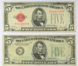 Series 1928 red seal 5 dollar and series 1934 A, Chicago Illinois G 5 dollar bill