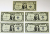Five series 1935G and 1957 silver certificates, single dollars