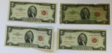 Four Red Seal 2 Dollar Bills, series 1953