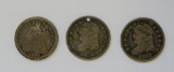 Three silver half dimes, 1833, 1836, 1945 seated liberty