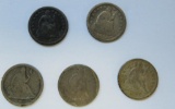 Five silver half dimes - seated libertys, 1837, 1850, 1853, 1855, and 1857