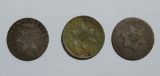 Three United States 3 cent silver coins, 1851, 1852, 1858