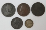 Queen Victoria and Regina coins, five coins