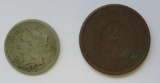 1864 US copper 2 cent piece and Liberty 3 cent piece, silver, 1867