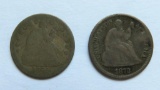 1844 O and 1872 seated Liberty silver 1/2 dimes