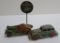 Two Cast Iron cars and No Parking Buick metal sign