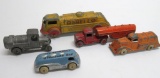 Five gasoline related tootsie toy, Hubley and slush cast trucks