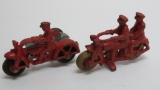 Two Cast iron motorcyles, one with side car, 4
