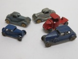 Five die cast Tootsie Toy vehicles, cars and one truck cab, 2 1/4