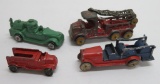 Four vintage metal fire trucks, Tootsie Toys and Slush cast, 2 1/4