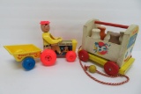 Two Vintage Playskool pull toys, Happy Hauler and wooden milk wagon