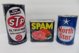 Three metal advertising can still banks, SPAM, STP oil and North Star Brewing