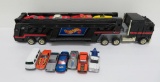 Hot Wheels auto transport semi truck and trailer with 10 hot wheel cars