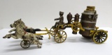Metal three horse drawn Fire Department Pumper Wagon with bell, 16 1/2